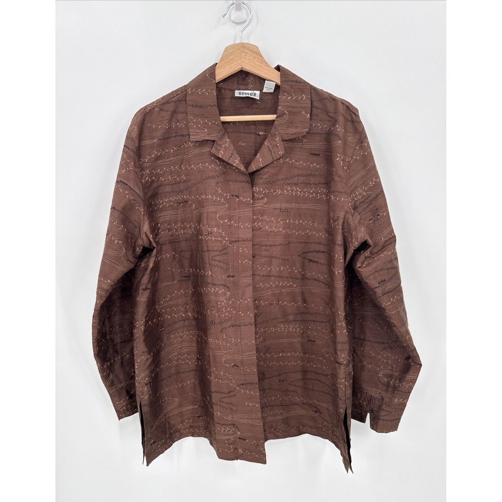 Vintage Chico's 100% Silk Brown Beaded Button Up Blouse Top Size 3/XL Earthy